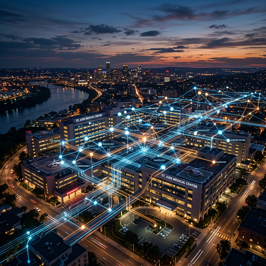 St. Jude Medical Center buildings with illuminated digital network overlay showing connections between medical departments and data points