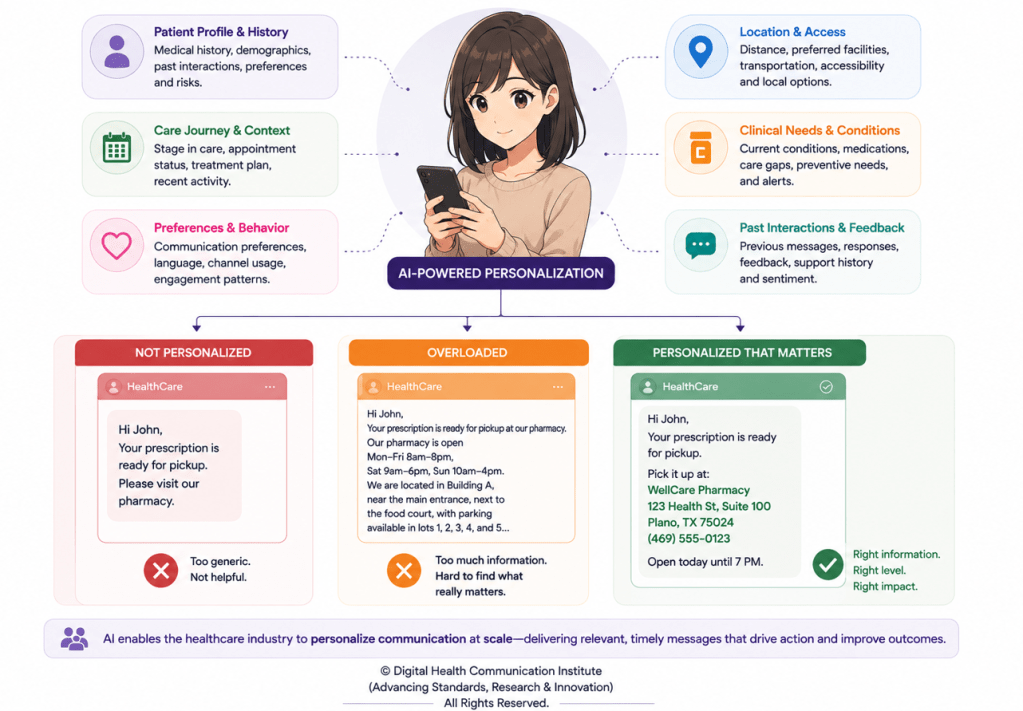 Illustration of a woman holding a smartphone, surrounded by various information categories related to patient care and personalized healthcare communication.