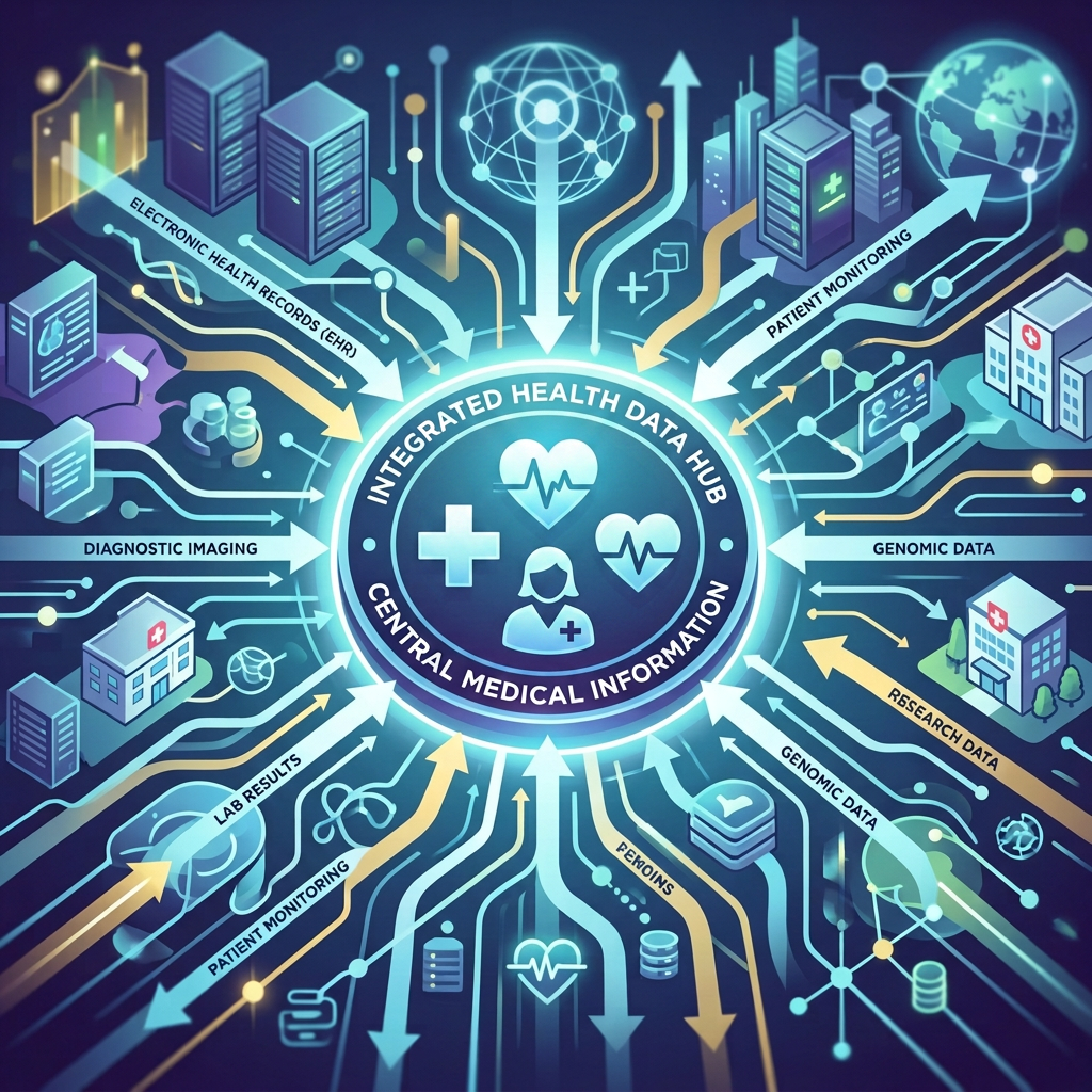 Central hub labeled Integrated Health Data Hub with arrows pointing to electronic health records, diagnostic imaging, patient monitoring, genomic data, research data, and lab results icons