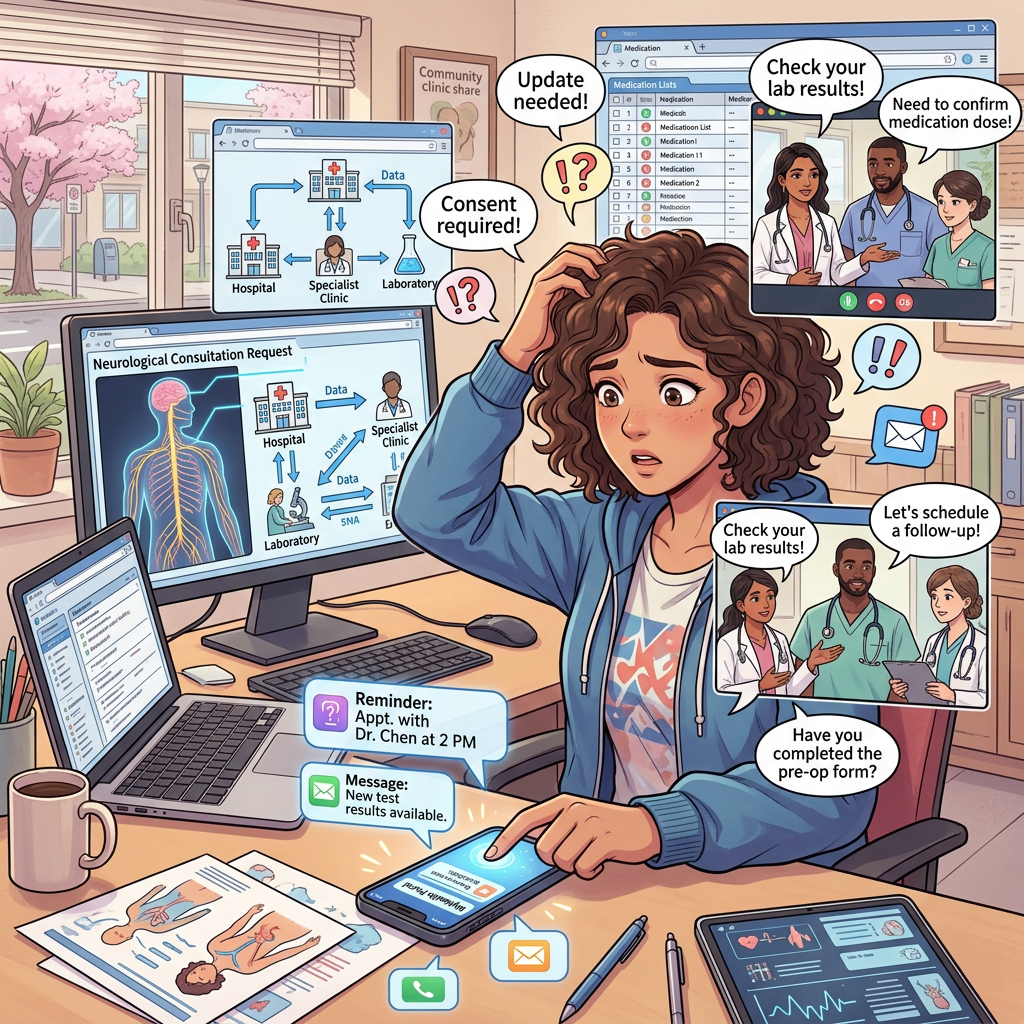 Patient overwhelmed by digital healthcare messages, forms, appointments, and medical data
