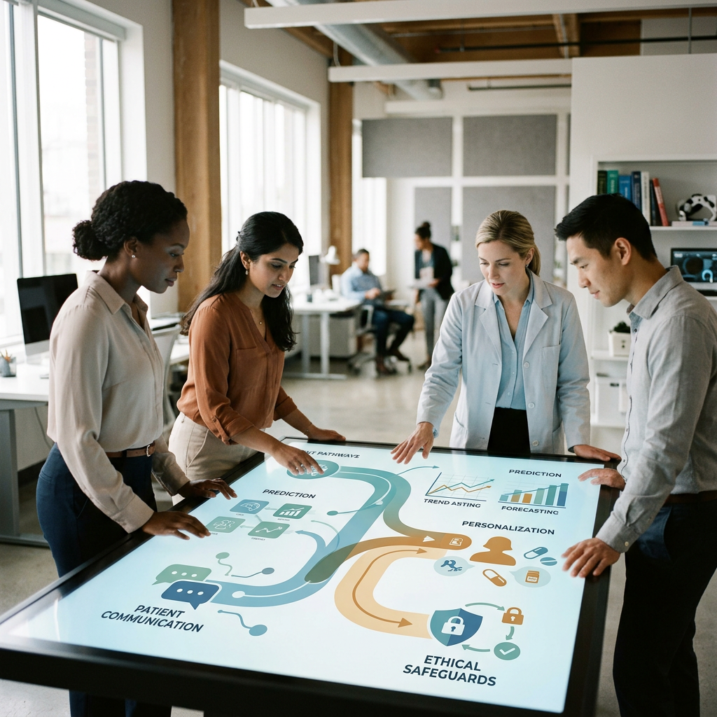 Healthcare team reviewing touchscreen labeled Prediction, Forecasting, Personalization, Patient Communication, and Ethical Safeguards