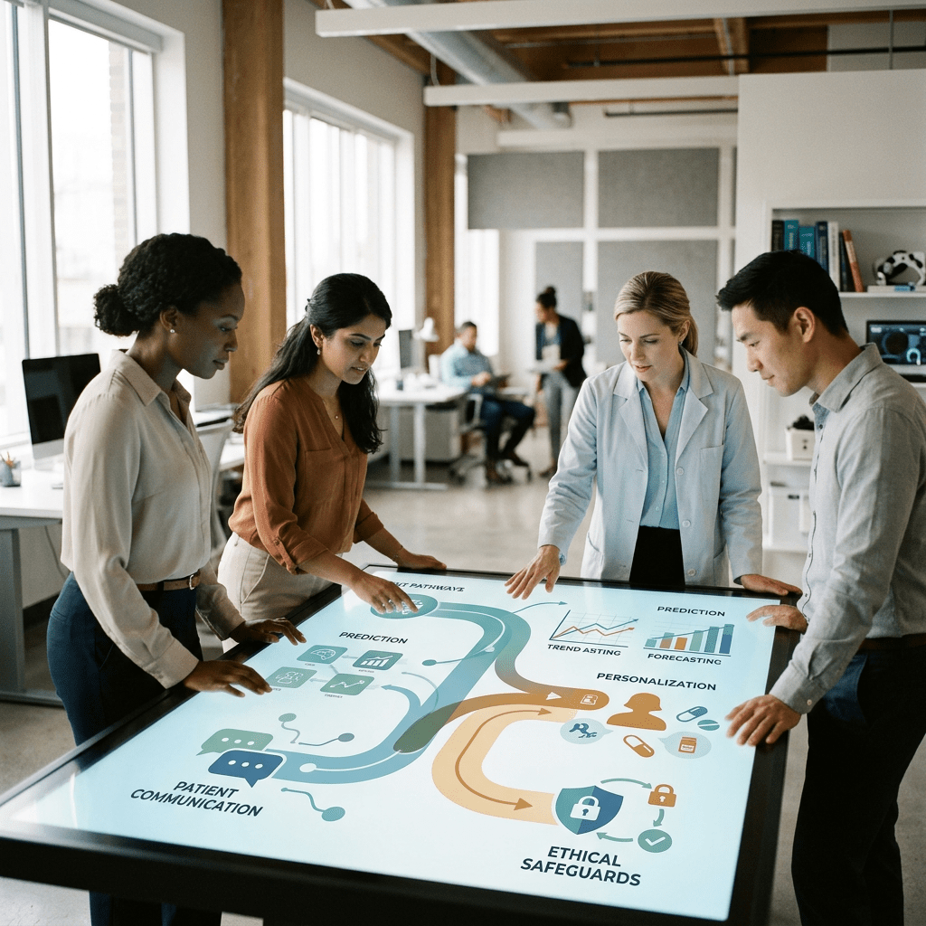 Healthcare team reviewing touchscreen labeled Prediction, Forecasting, Personalization, Patient Communication, and Ethical Safeguards
