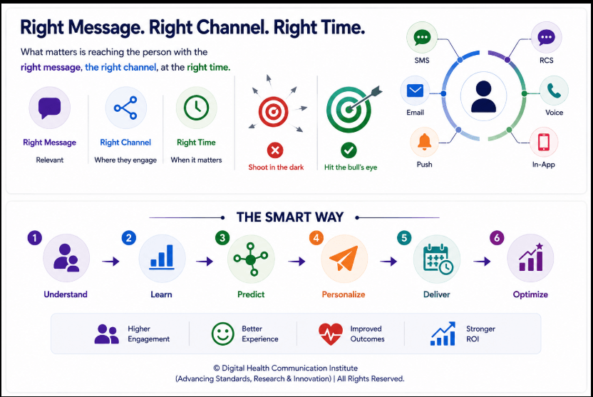 Infographic illustrating the importance of delivering the right message through the right channel at the right time, featuring icons for SMS, Email, RCS, Voice, Push, and In-App communication.