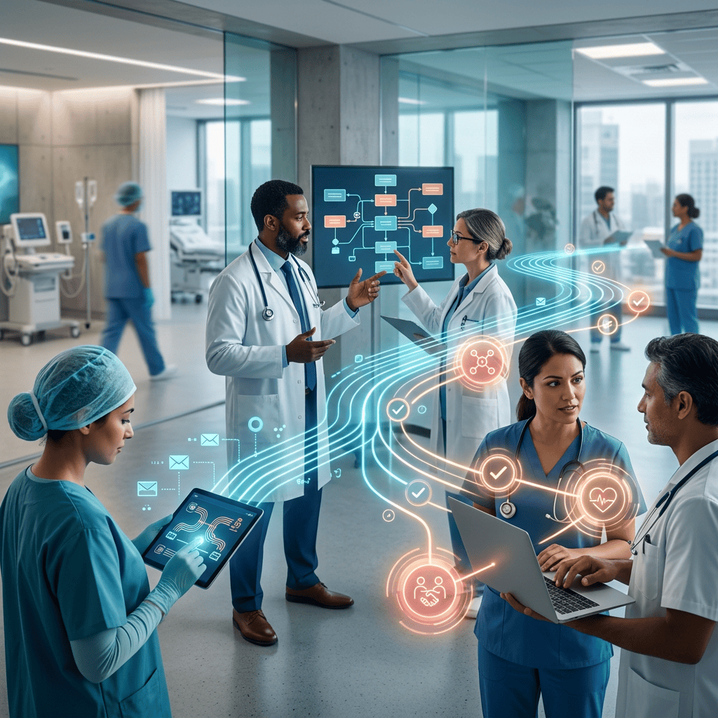 Healthcare professionals collaborating with digital care pathways in a hospital