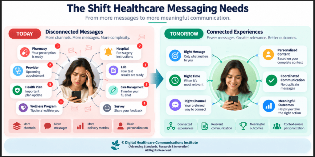 Infographic illustrating the shift in healthcare messaging needs from disconnected messages to connected experiences, highlighting today's complexities and tomorrow's streamlined communication.