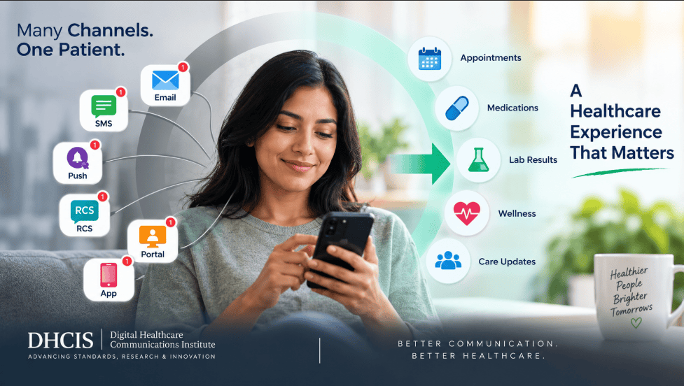 A woman using a smartphone, surrounded by icons representing various communication channels like Email, SMS, and App. The text highlights a healthcare experience focusing on appointments, medications, lab results, wellness, and care updates.