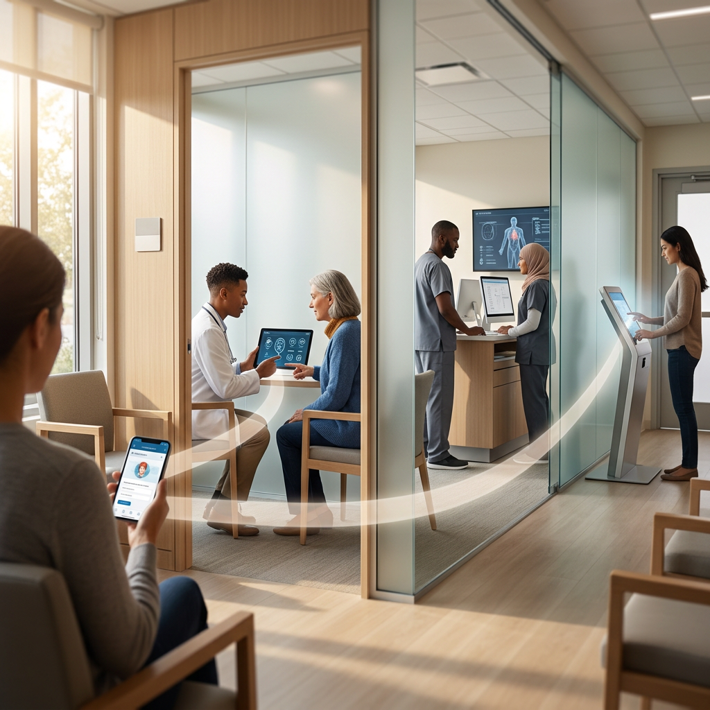 Patients and staff using digital healthcare technology in a modern clinic