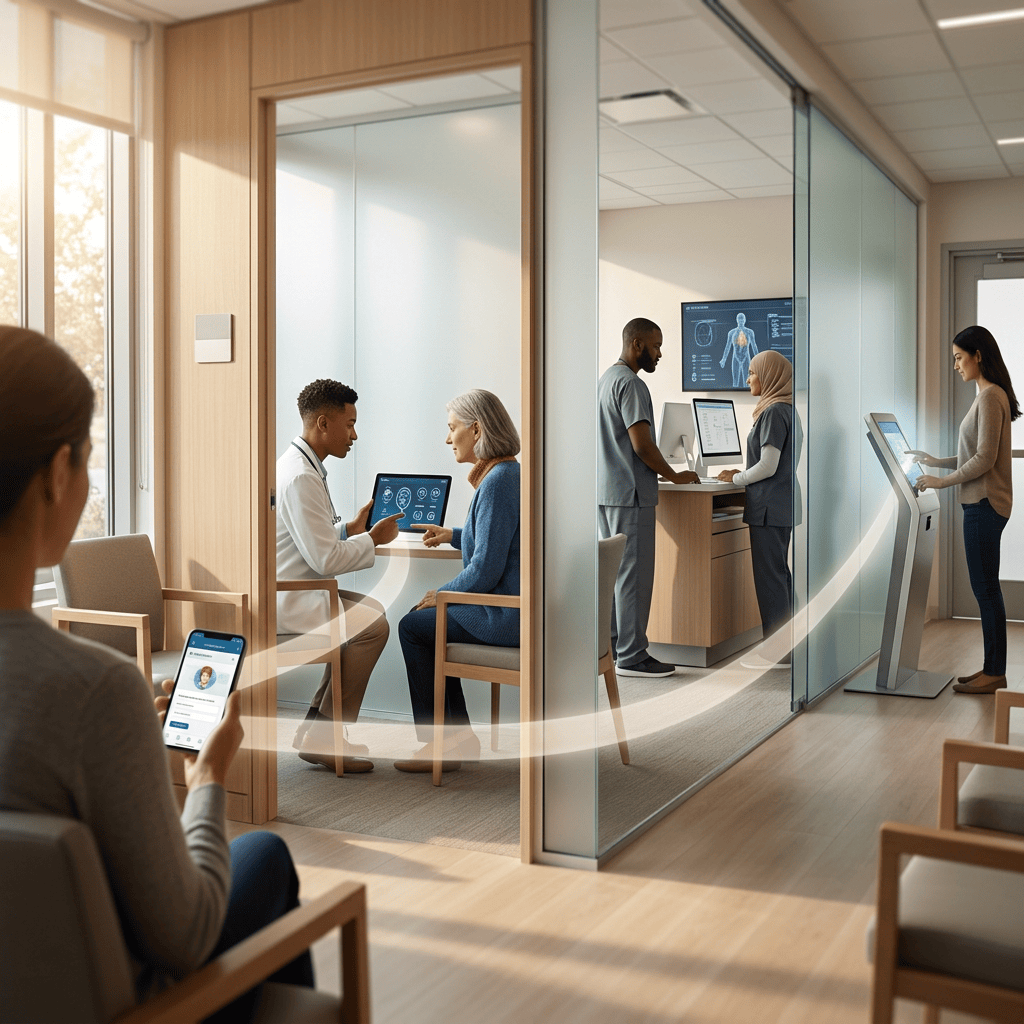 Patients and staff using digital healthcare technology in a modern clinic