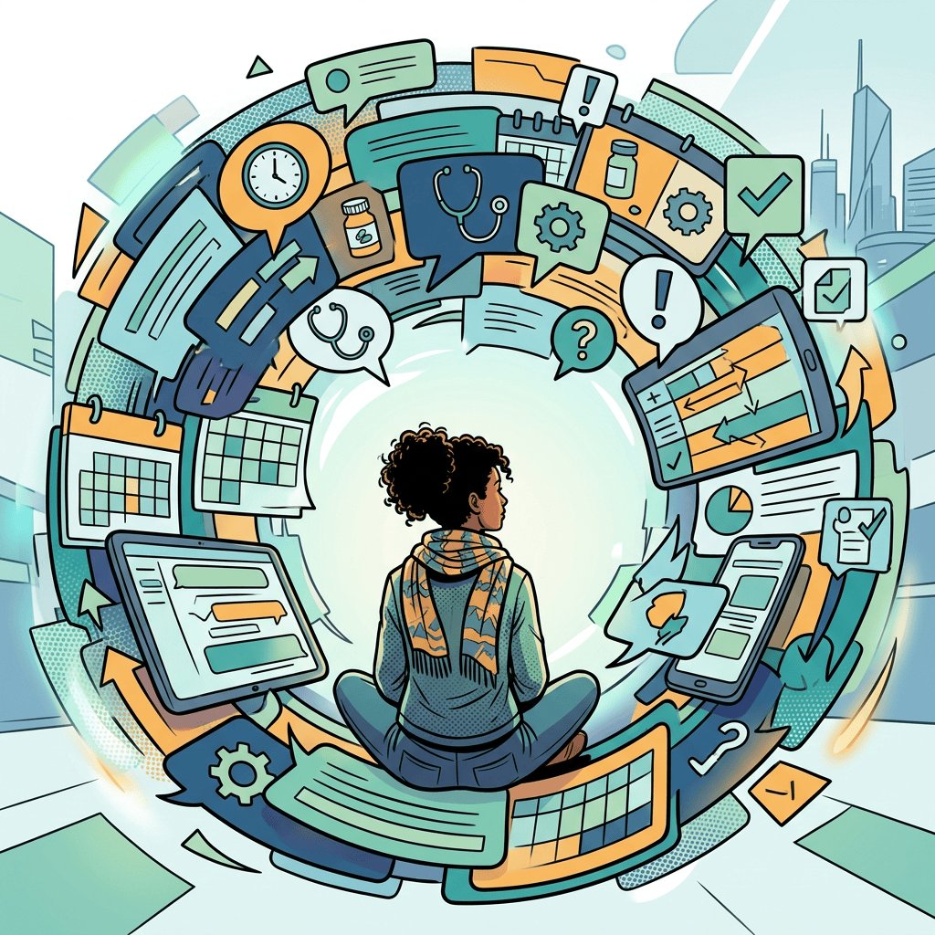 Abstract healthcare communication overload illustration