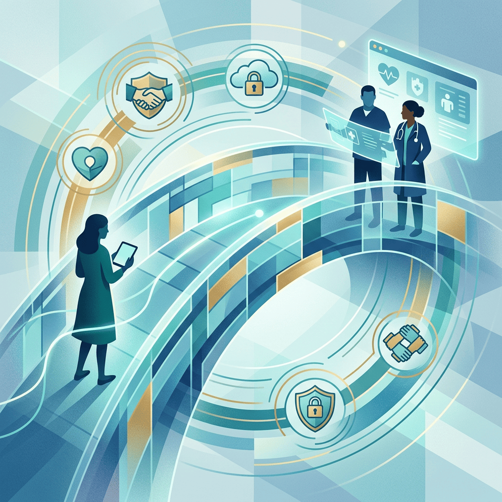 Illustration of healthcare workers using secure digital systems with medical and cybersecurity symbols