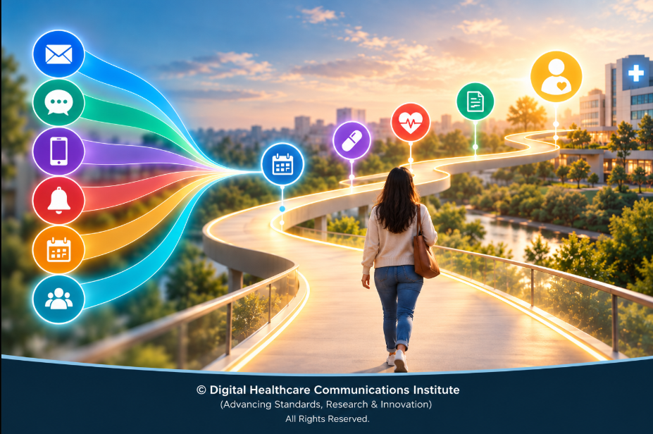 A person walking along a curved pathway in a park, with colorful icons representing communication and healthcare services emerging from the pathway, set against a sunset skyline.